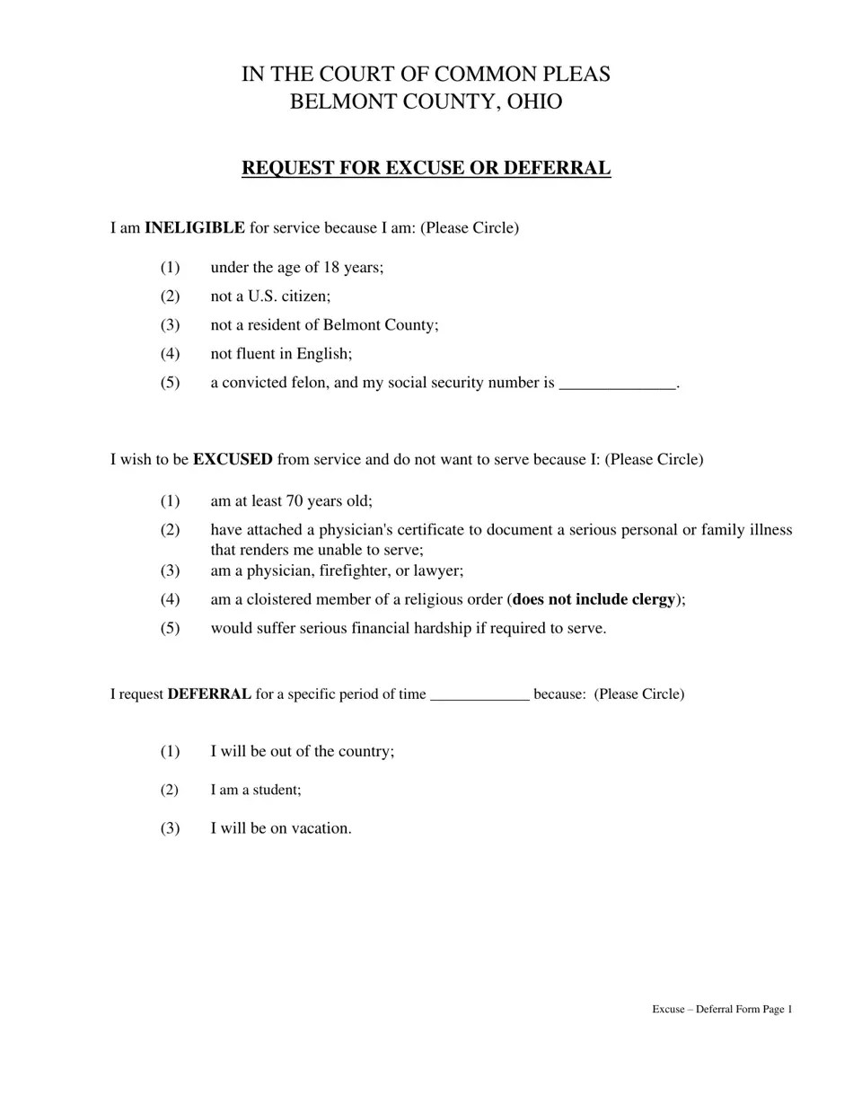 Belmont County, Ohio Request for Excuse or Deferral Download Printable