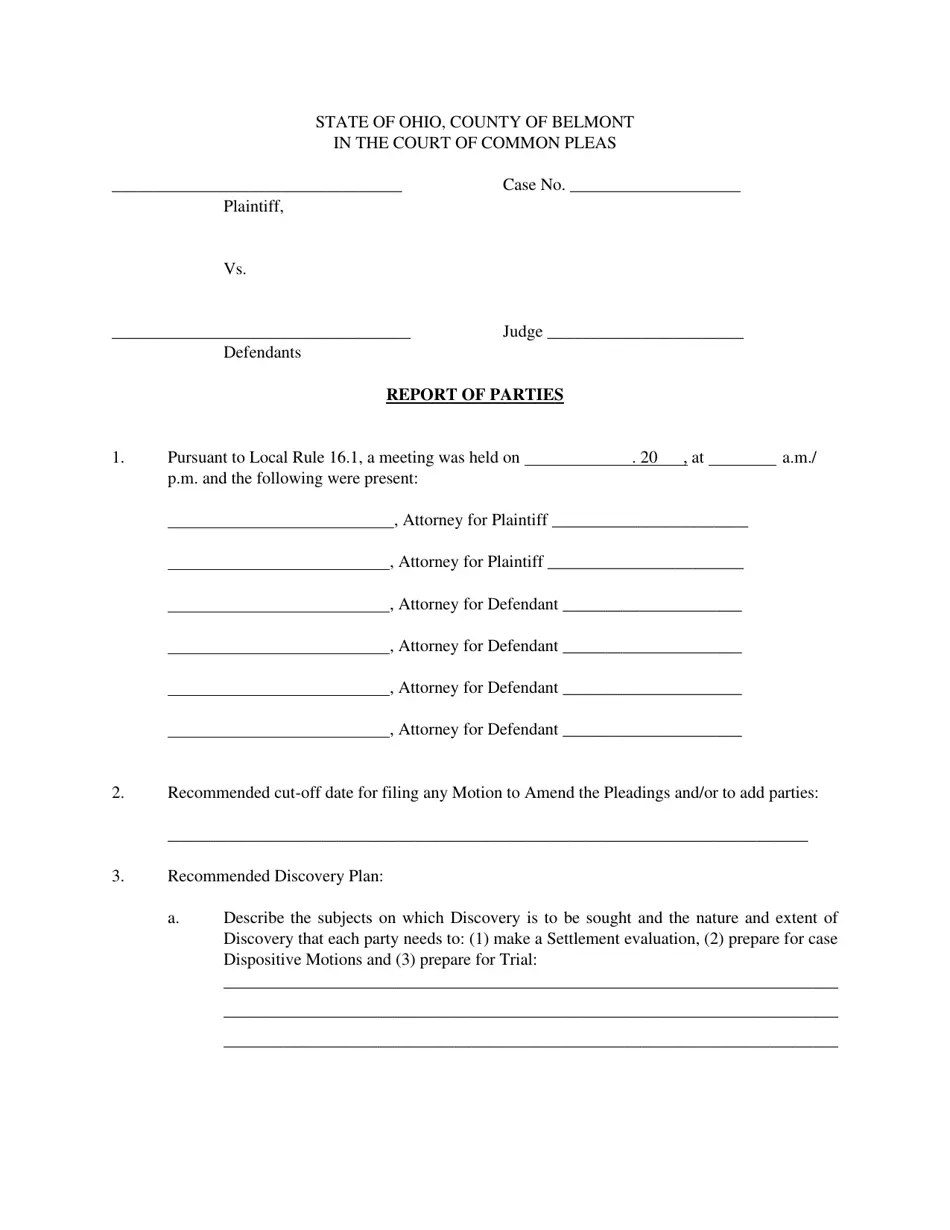 Belmont County, Ohio Report of Parties Fill Out, Sign Online and