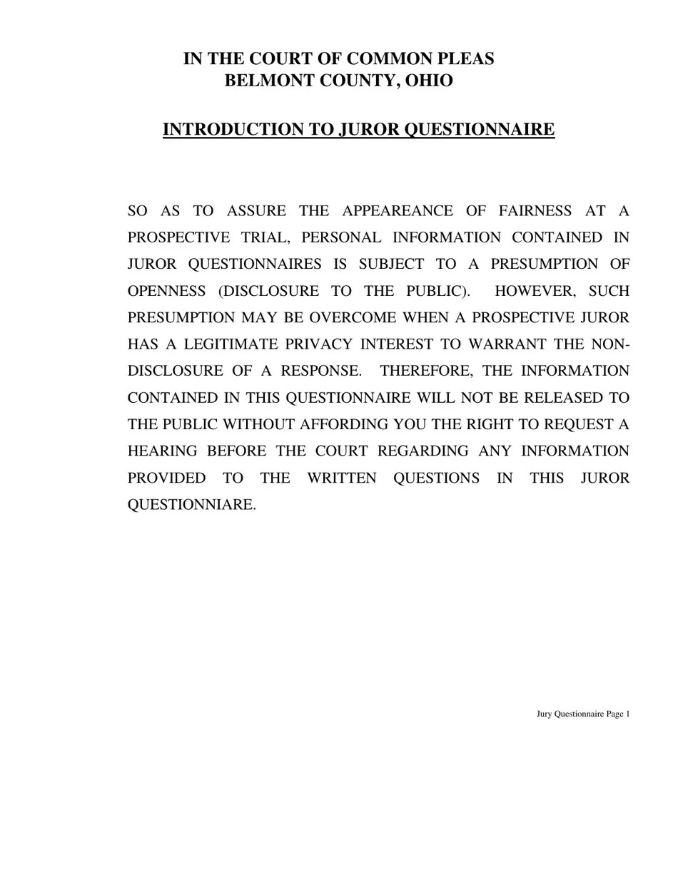 Belmont County, Ohio Juror Questionnaire Fill Out, Sign Online and