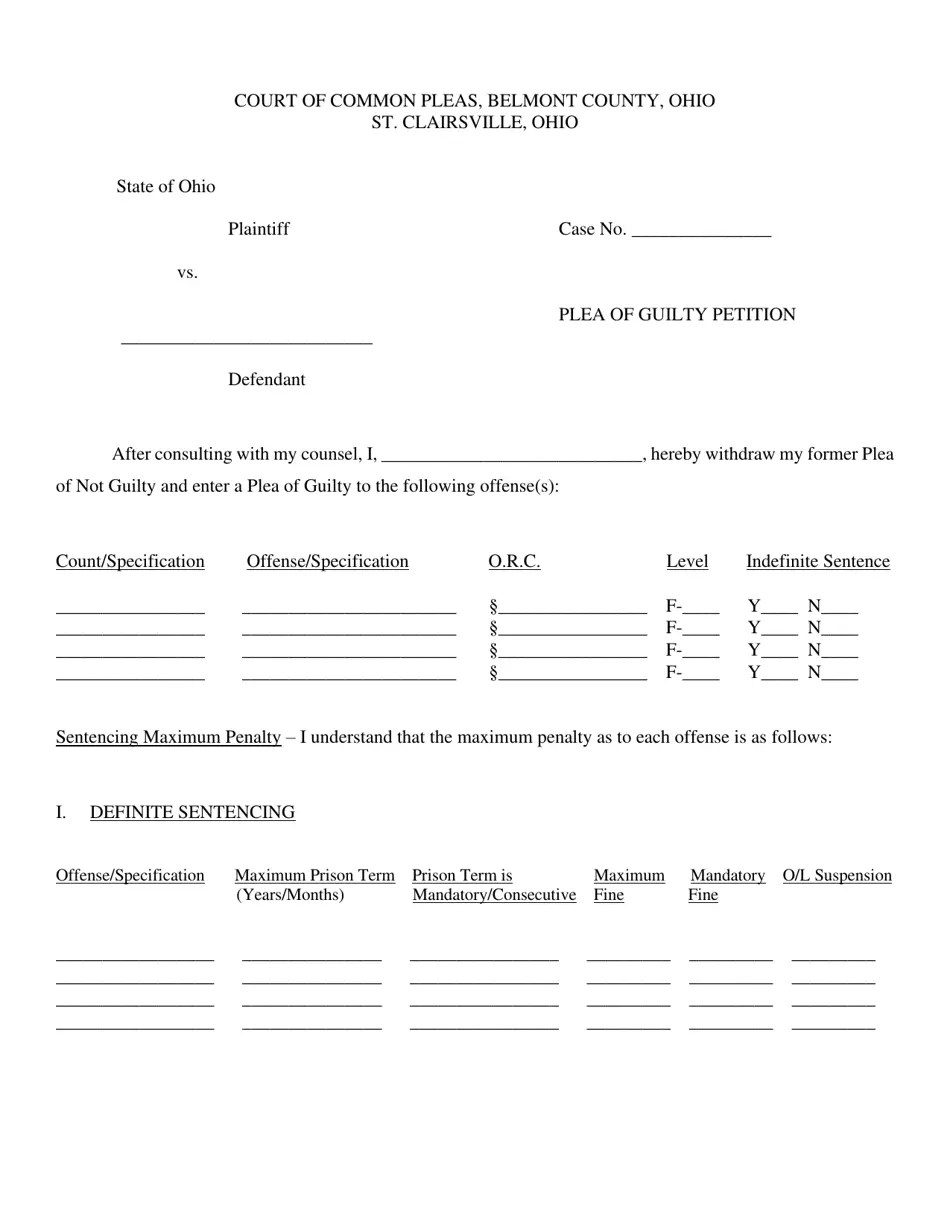 Belmont County, Ohio Plea of Guilty Petition Download Printable PDF