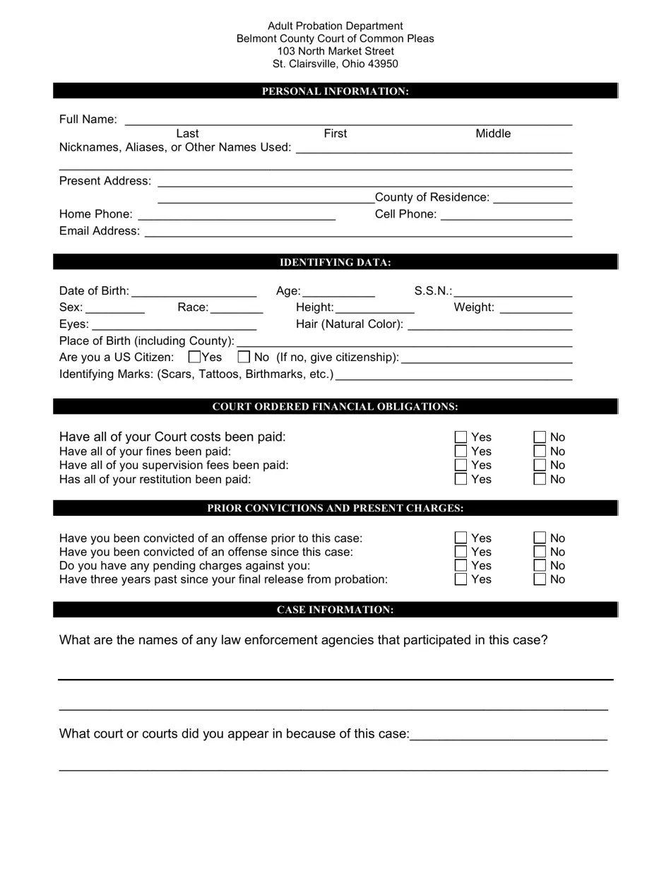 Belmont County, Ohio Sealing of Record Investigation Questionnaire