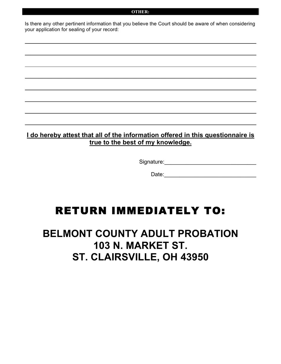Belmont County, Ohio Sealing of Record Investigation Questionnaire