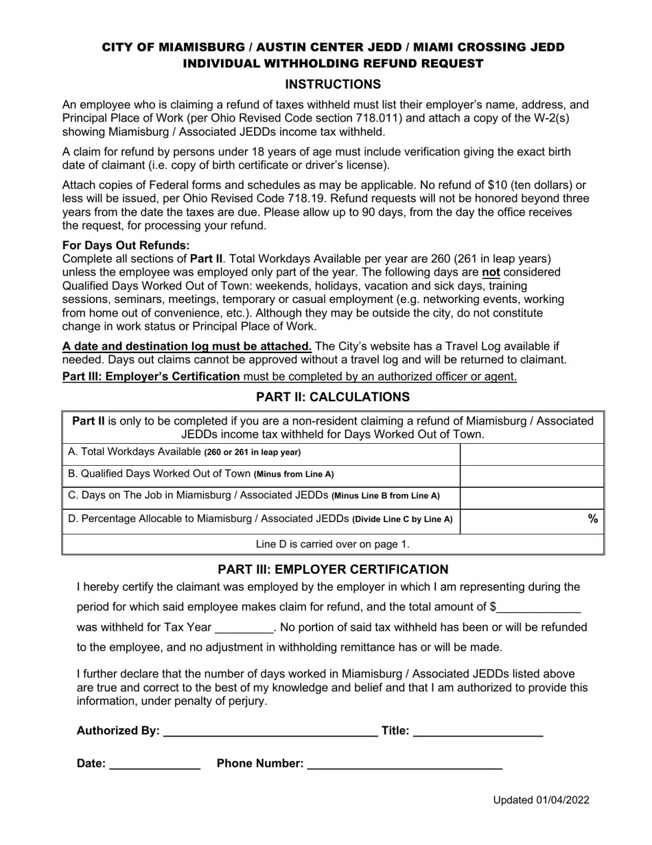 City of Miamisburg, Ohio Individual Withholding Refund Request Fill