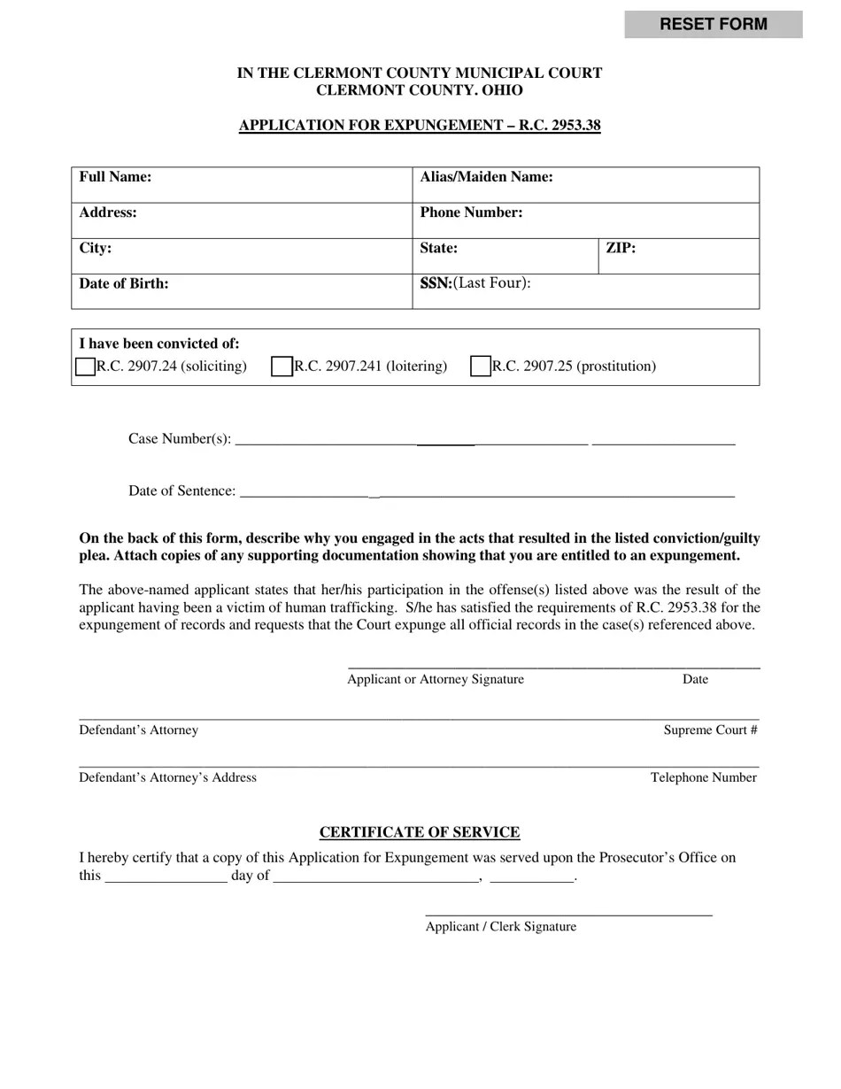 Clermont County, Ohio Application for Expungement Fill Out, Sign