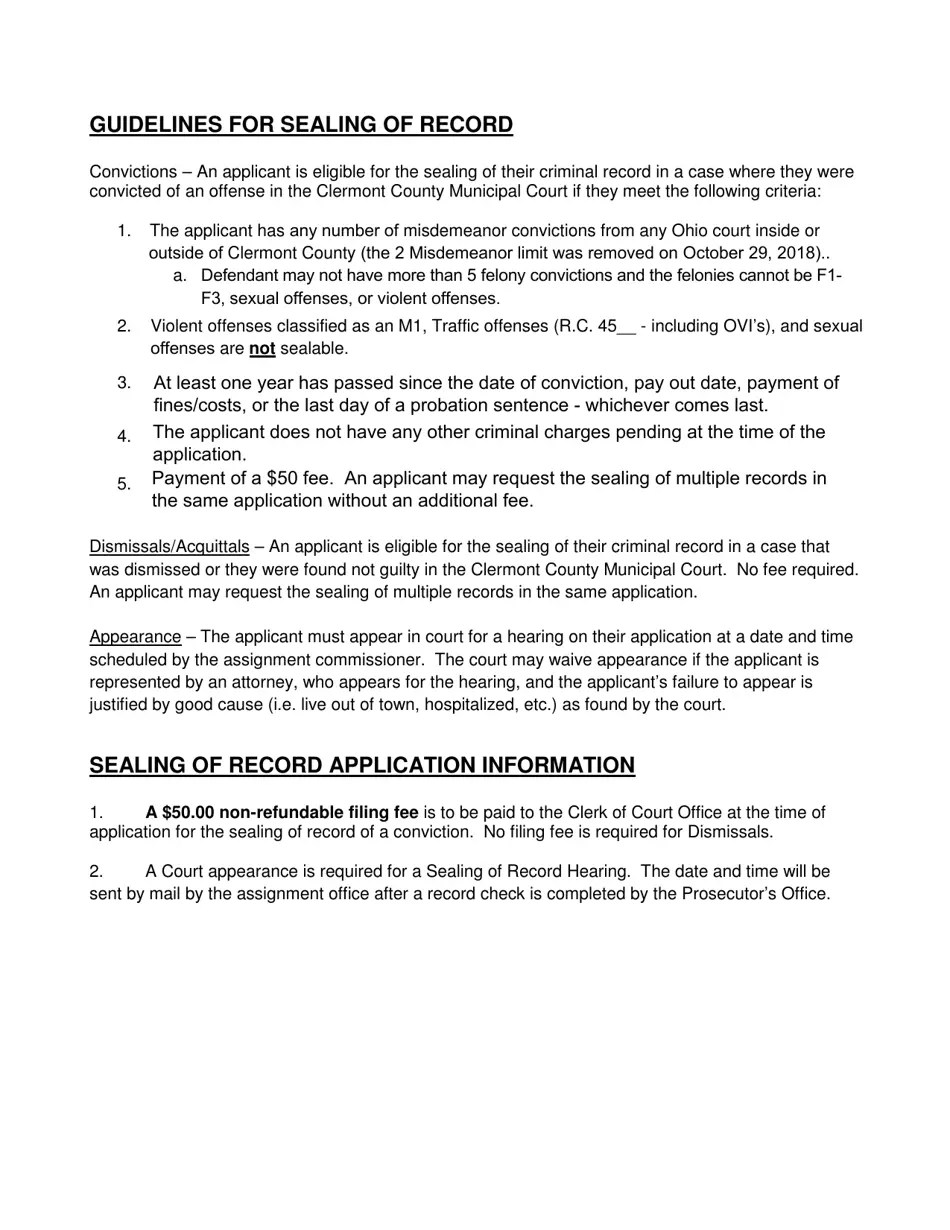 Clermont County, Ohio Application for Sealing of Record Involving