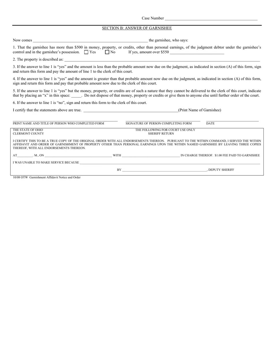 Village of Batavia, Ohio Affidavit, Order & Notice of Garnishment of