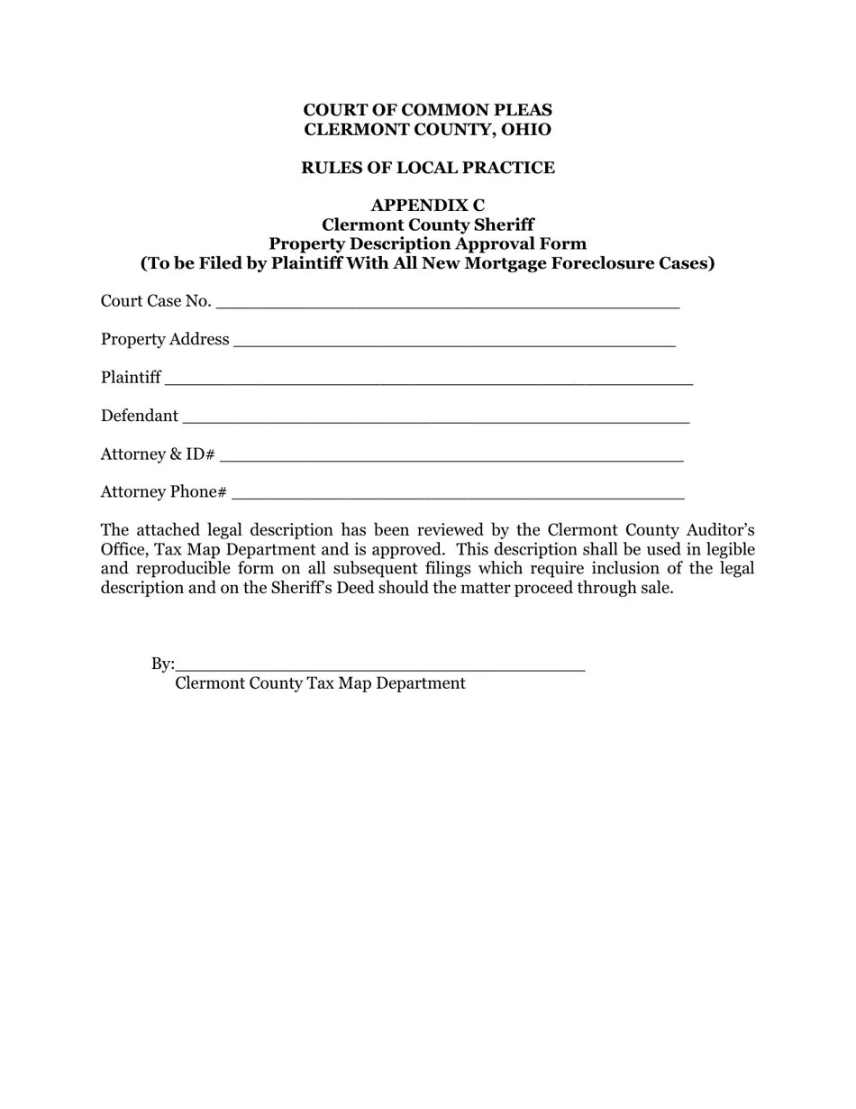 Clermont County, Ohio Property Description Approval Form Fill Out