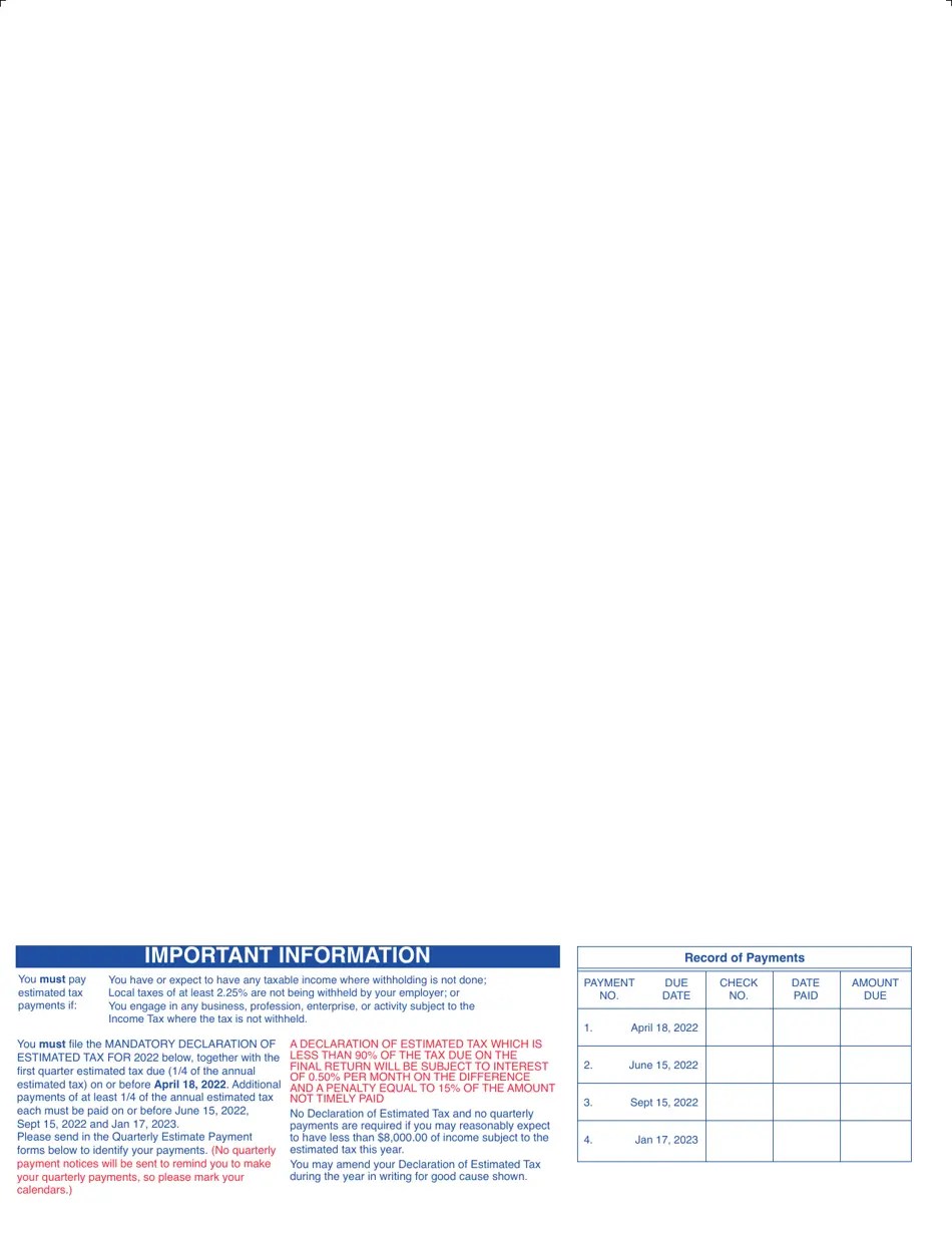 2022 City of Canton, Ohio Quarterly Estimate Payment Coupon Fill Out
