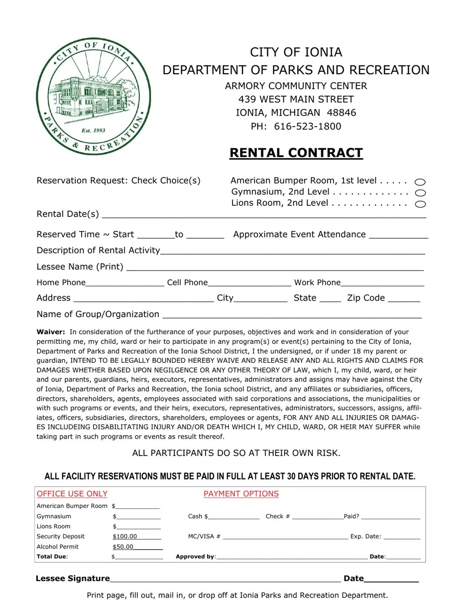 City of Ionia, Michigan Armory Community Center Rental Contract Fill