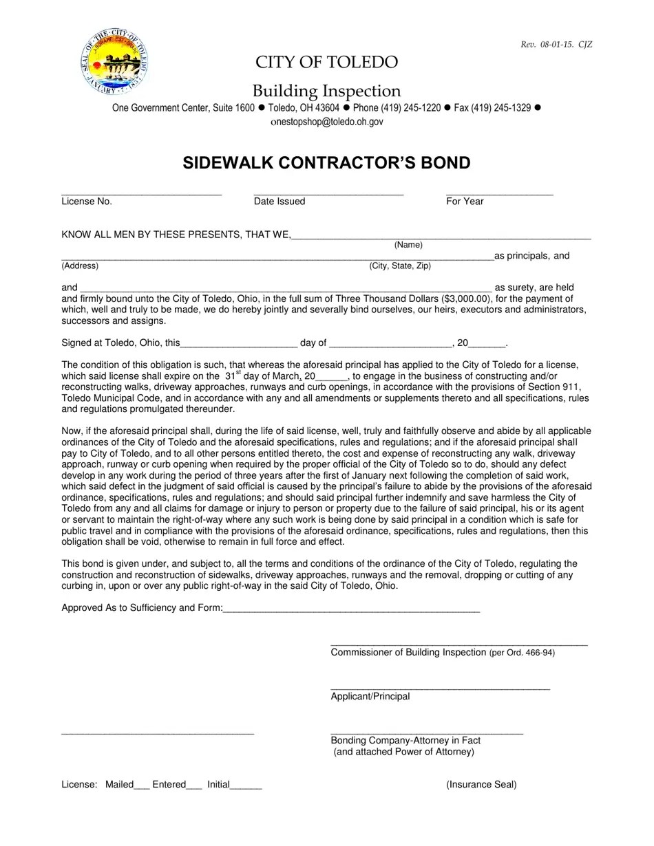 City of Toledo, Ohio Sidewalk Contractor License Application Fill Out