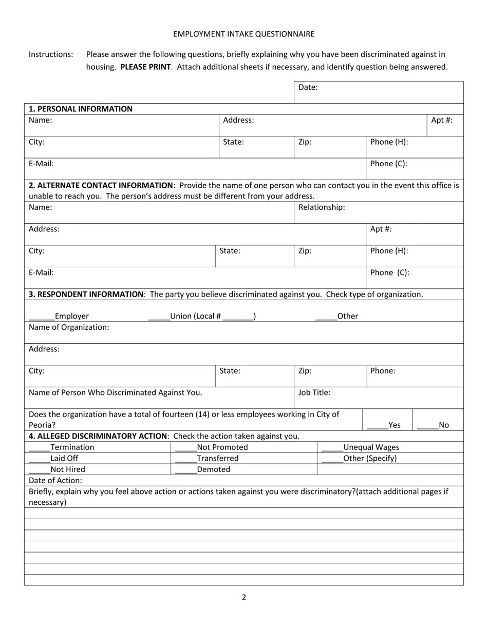 City of Peoria, Illinois Employment Intake Questionnaire Fill Out