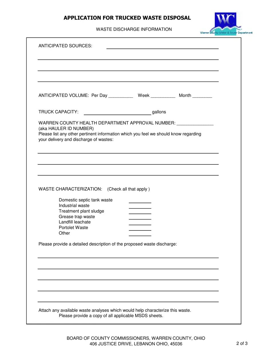 Warren County, Ohio Application for Trucked Waste Disposal - Fill Out