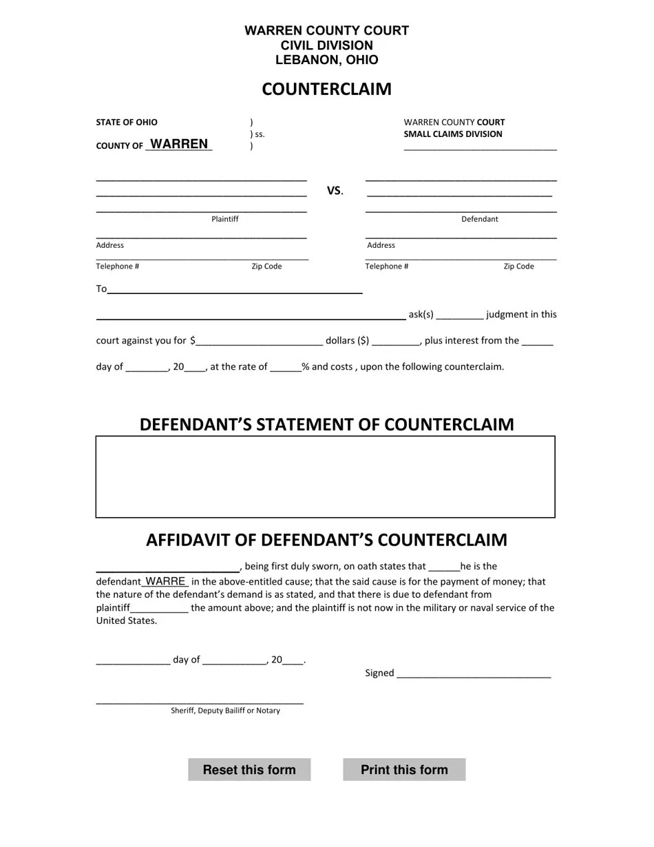Warren County, Ohio Counterclaim Fill Out, Sign Online and Download