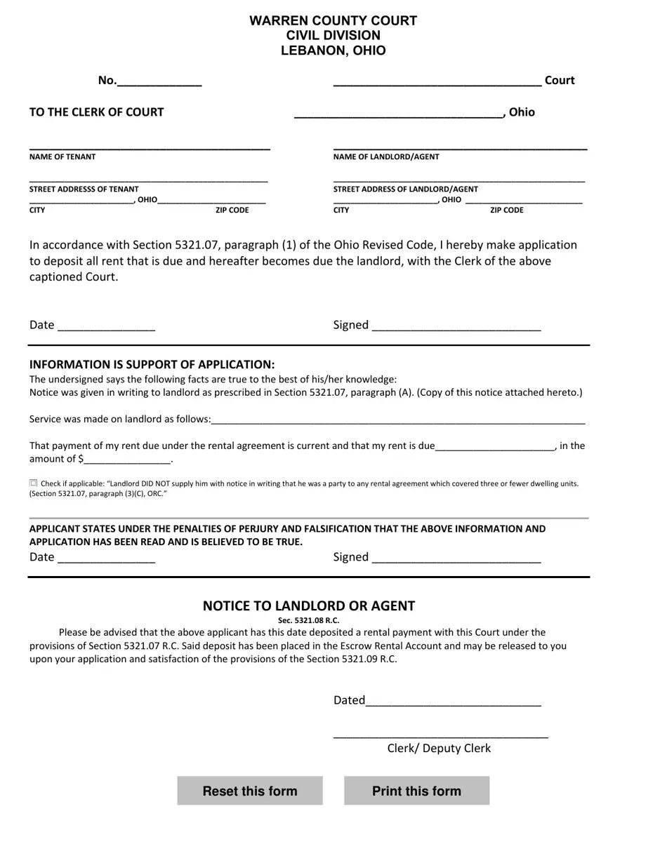 Warren County, Ohio Application by Tenant to Deposit Rent With the