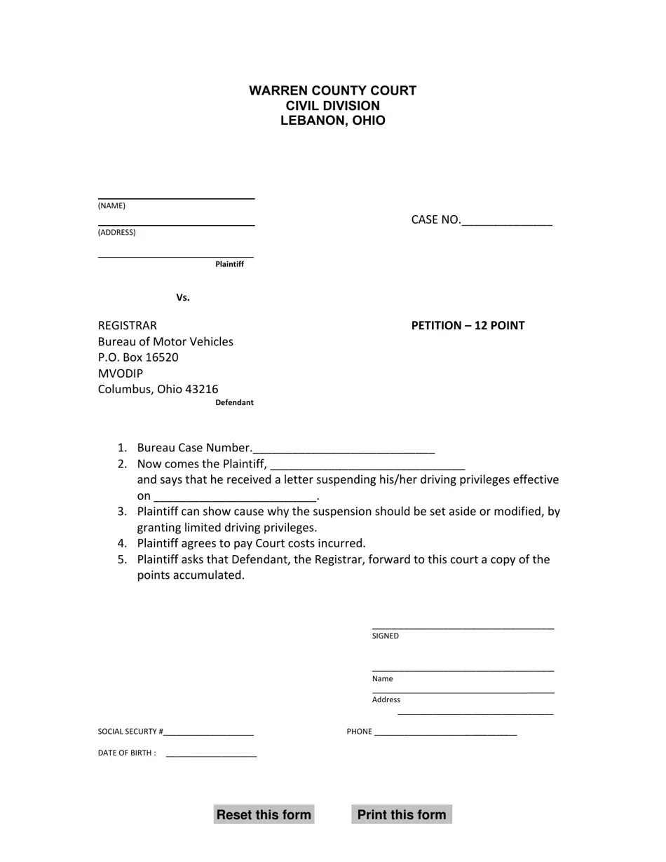 Warren County, Ohio Petition 12 Point Fill Out, Sign Online and