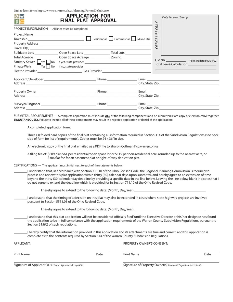 Warren County, Ohio Application for Final Plat Approval Fill Out