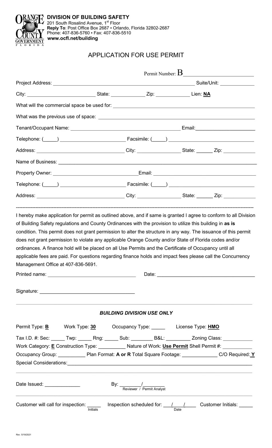 Orange County, Florida Application for Use Permit Fill Out, Sign
