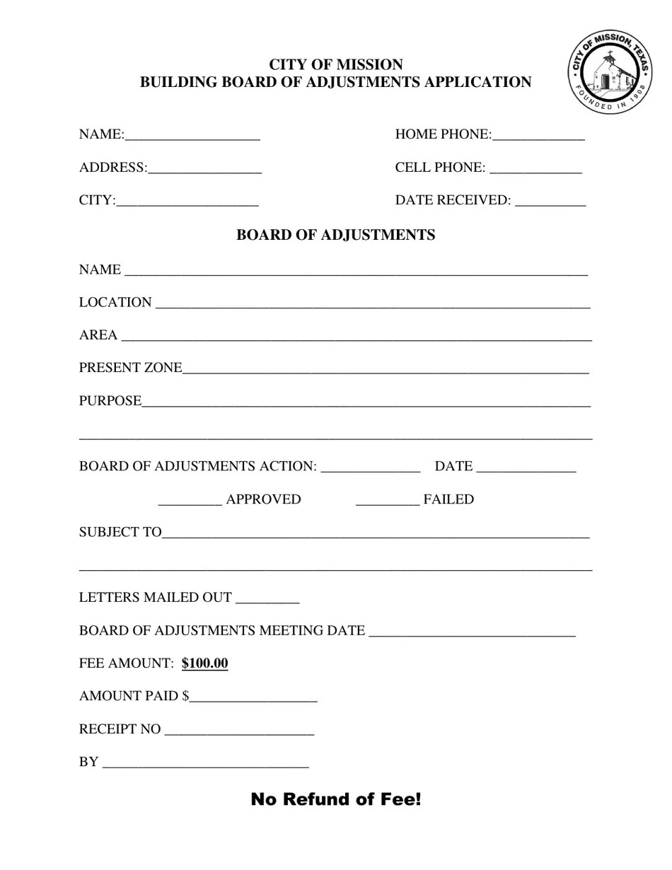 City of Mission, Texas Building Board of Adjustments Application Fill