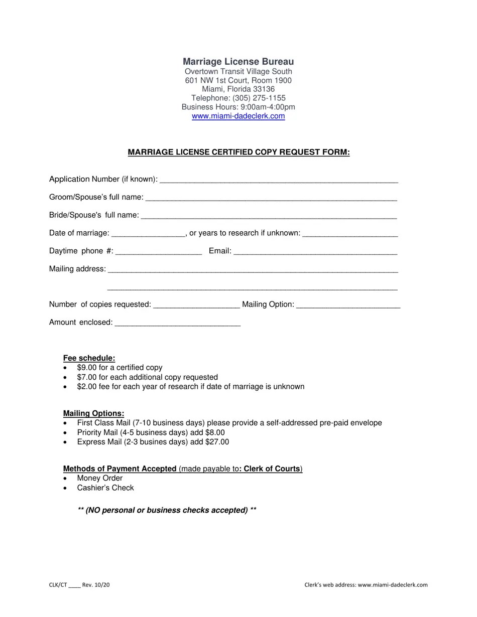 MiamiDade, Florida Marriage License Certified Copy Request Form Fill