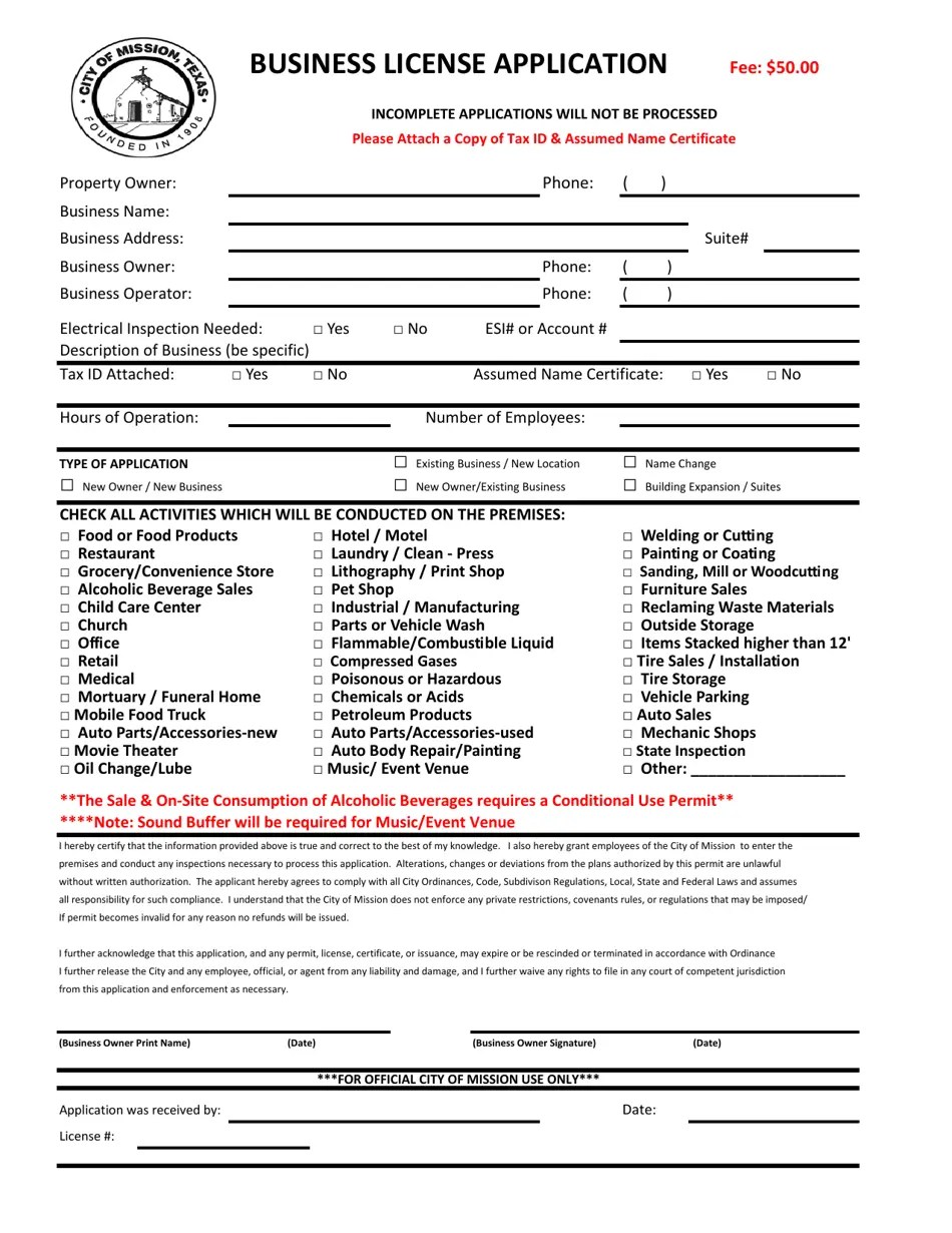 City of Mission, Texas Business License Application Fill Out, Sign