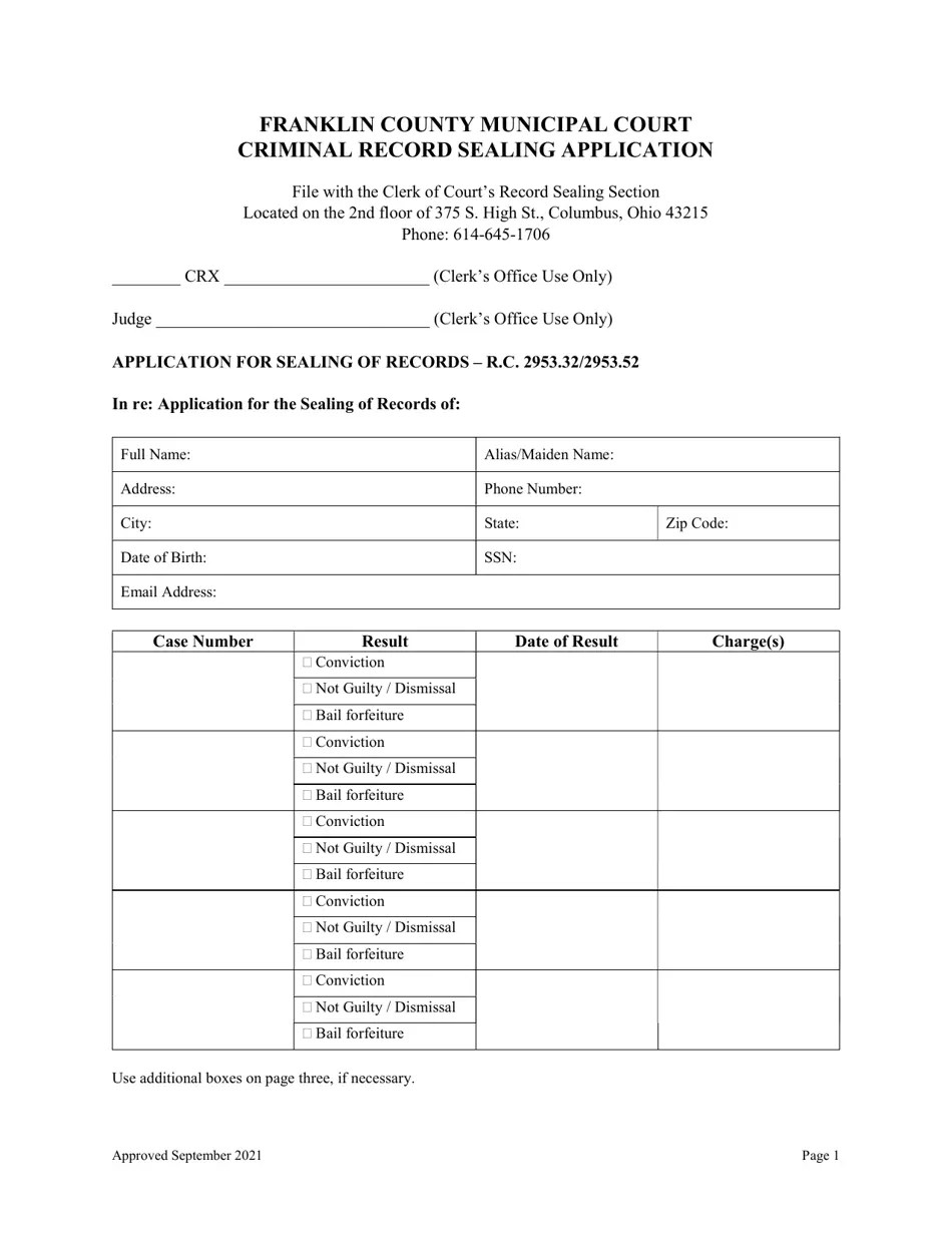 Franklin County, Ohio Criminal Record Sealing Application Fill Out, Sign Online and Download