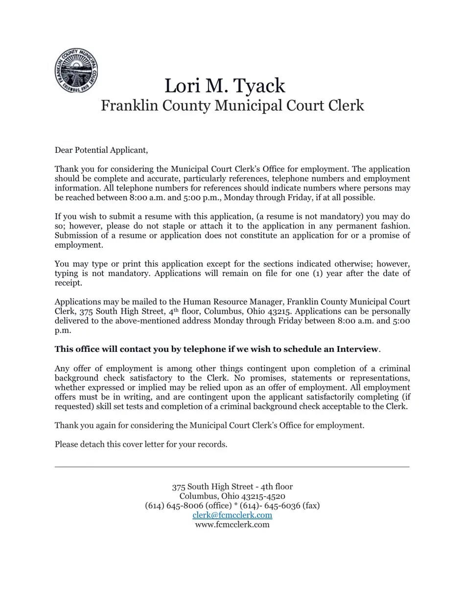 Franklin County, Ohio Employment Application Fill Out, Sign Online and Download PDF