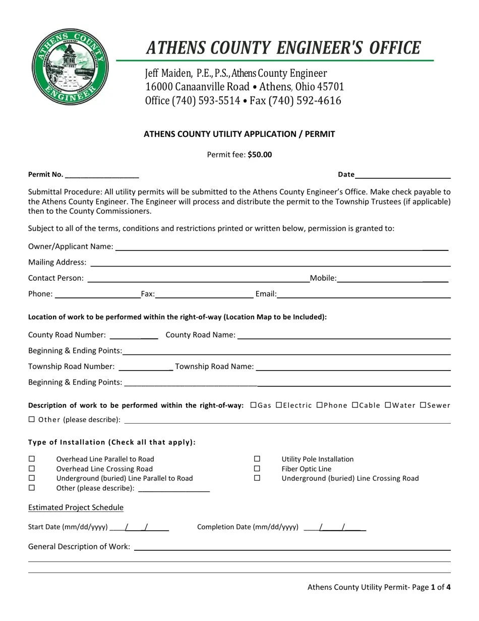 Athens County, Ohio Athens County Utility Application/Permit Fill Out