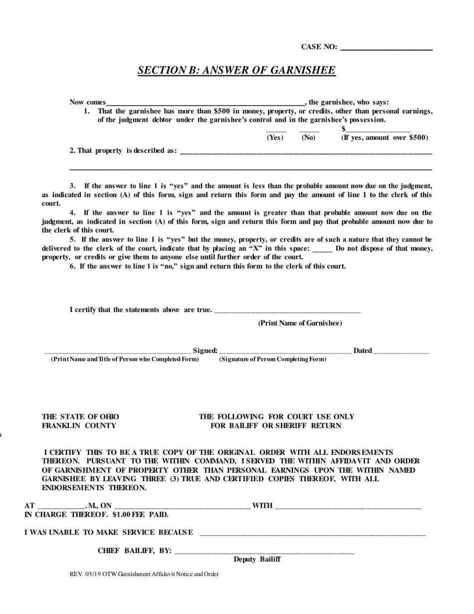 Franklin County, Ohio Otw Garnishment Affidavit Notice and Order Fill Out, Sign Online and