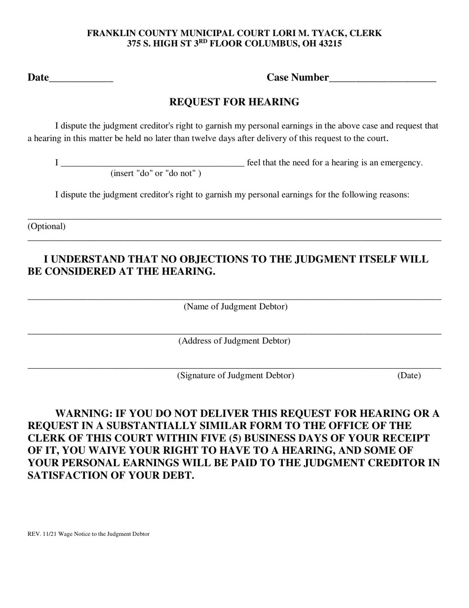 Franklin County, Ohio Wage Notice to the Judgment Debtor Fill Out