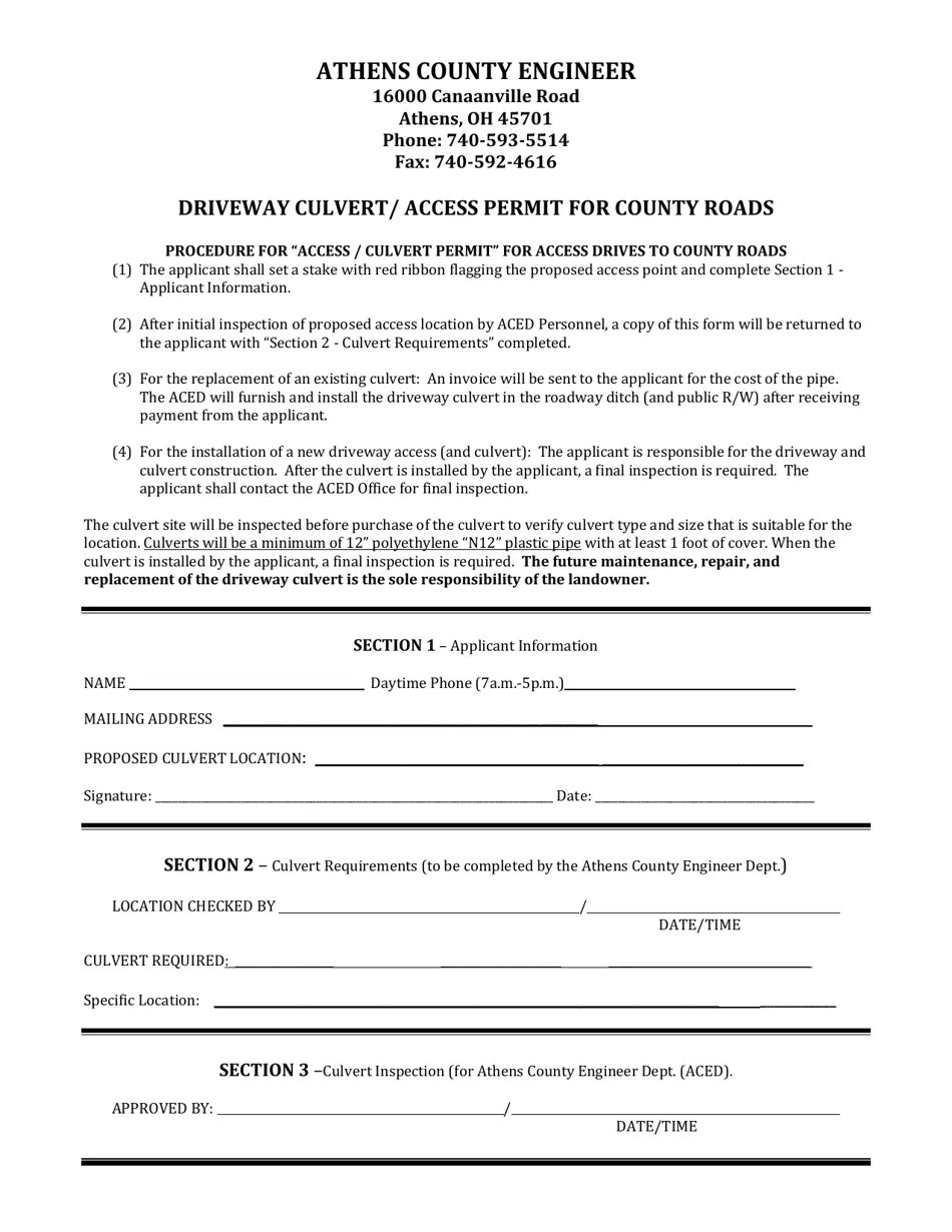Athens County, Ohio Driveway Culvert/Access Permit for County Roads
