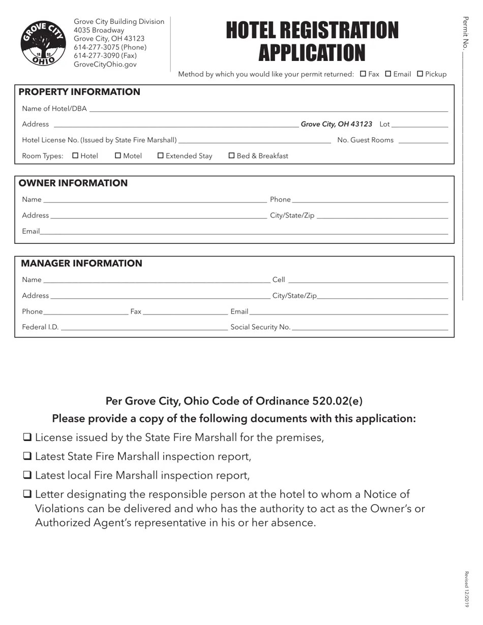 Grove City, Ohio Hotel Registration Application Fill Out, Sign Online