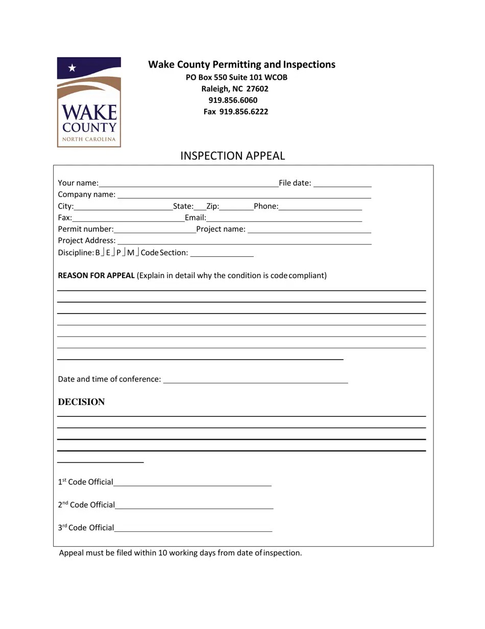 Wake County, North Carolina Inspection Appeal Fill Out, Sign Online