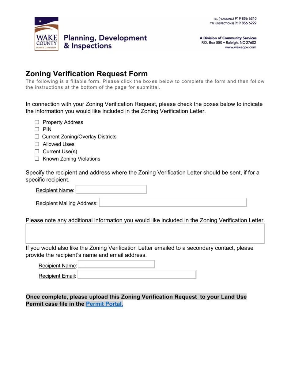 Wake County, North Carolina Zoning Verification Request Form Fill Out