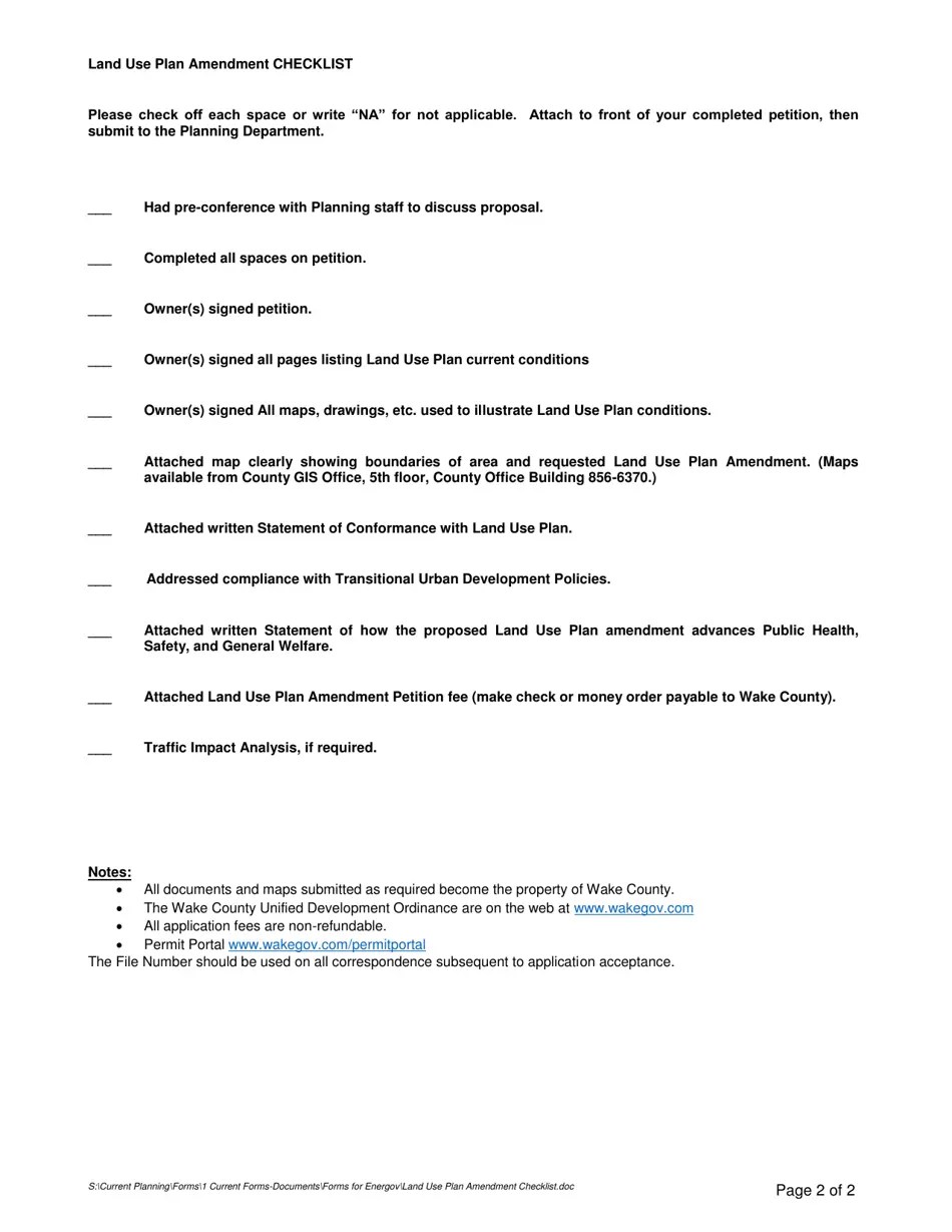 Wake County, North Carolina Land Use Plan Amendement Checklist Fill
