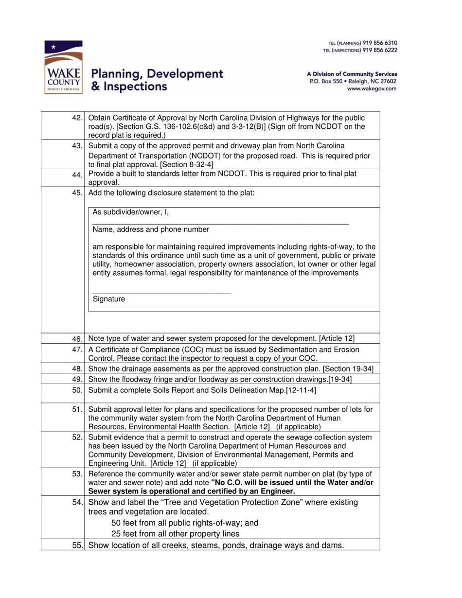 Wake County, North Carolina Regular Final Plat Subdivision Checklist