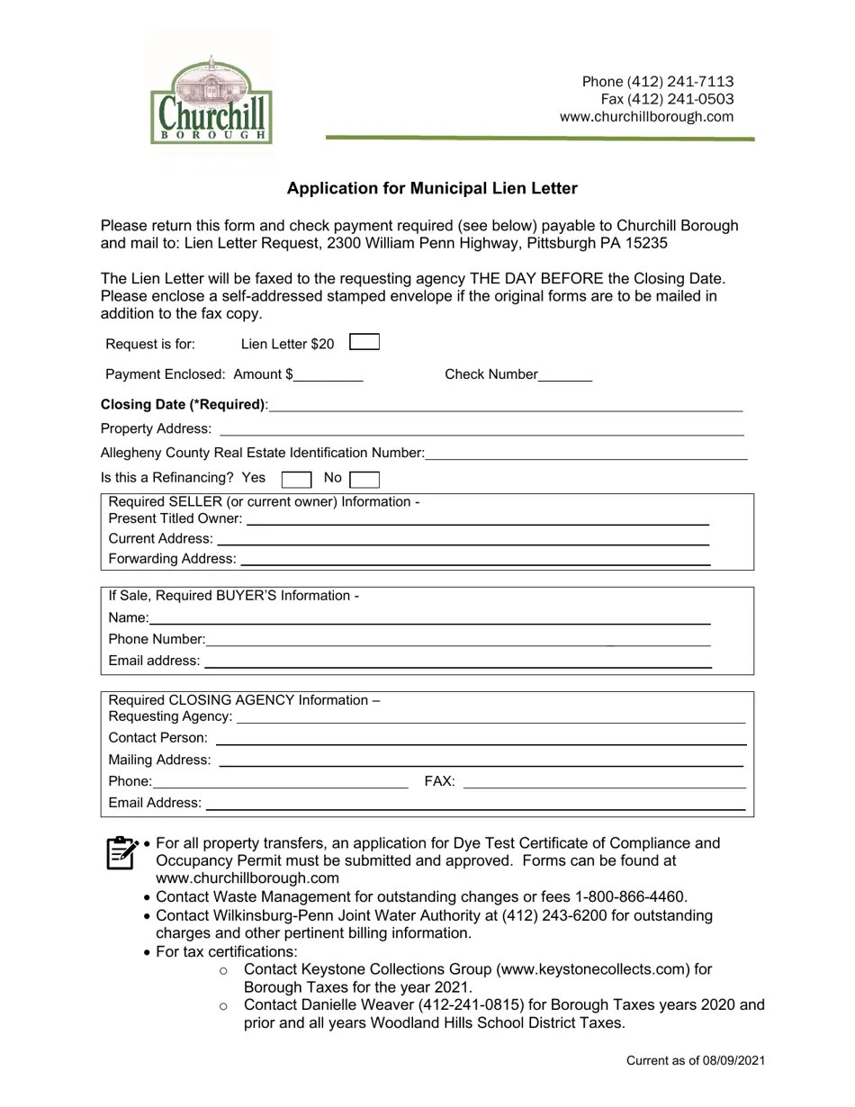 Borough of Churchill, Pennsylvania Application for Municipal Lien