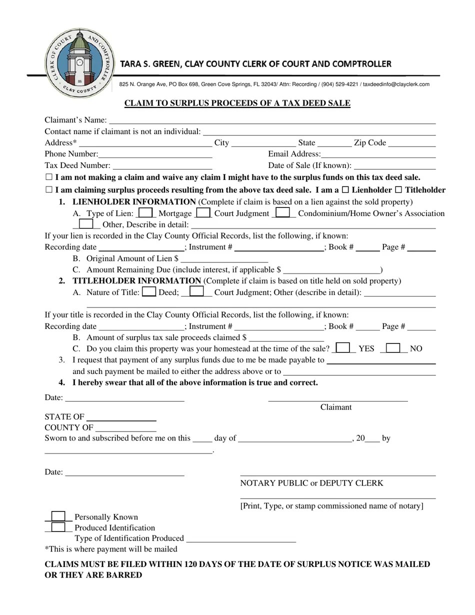 Clay County, Florida Claim to Surplus Proceeds of a Tax Deed Sale