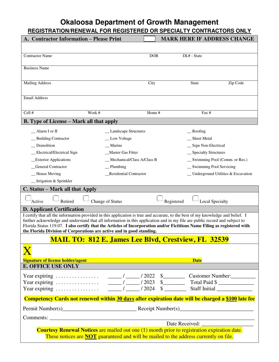Okaloosa County, Florida Registration/Renewal for Registered or