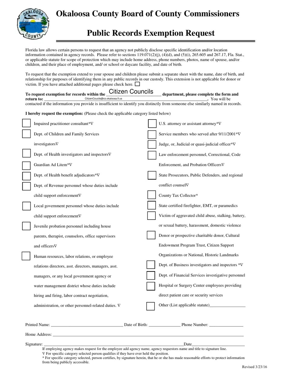 Okaloosa County, Florida Public Records Exemption Request Fill Out