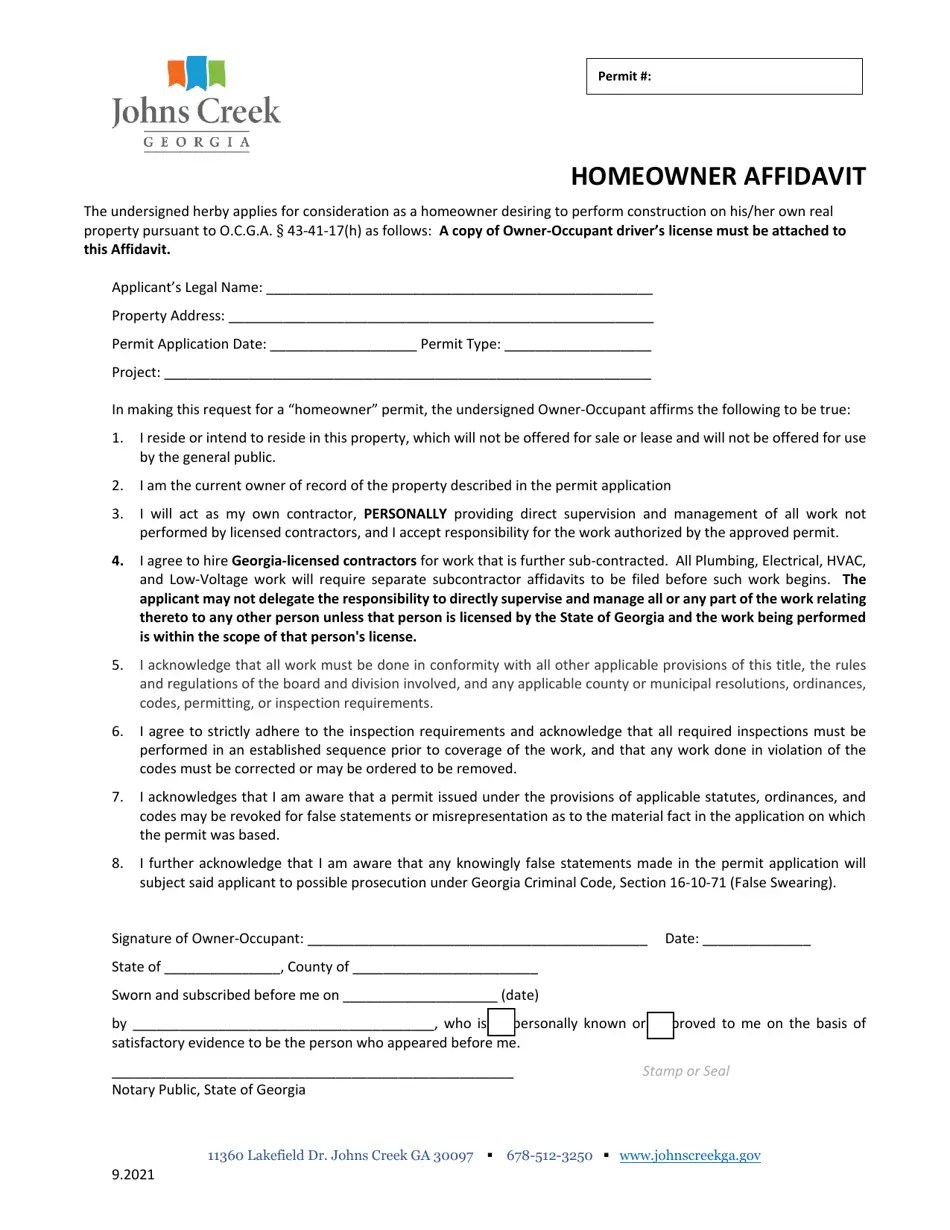 City of Johns Creek, (United States) Homeowner Affidavit Fill