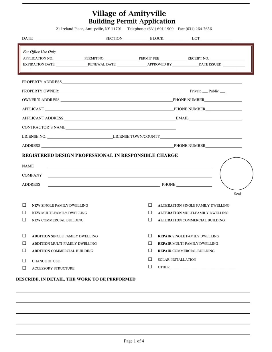 Village of Amityville, New York Building Permit Application Fill Out