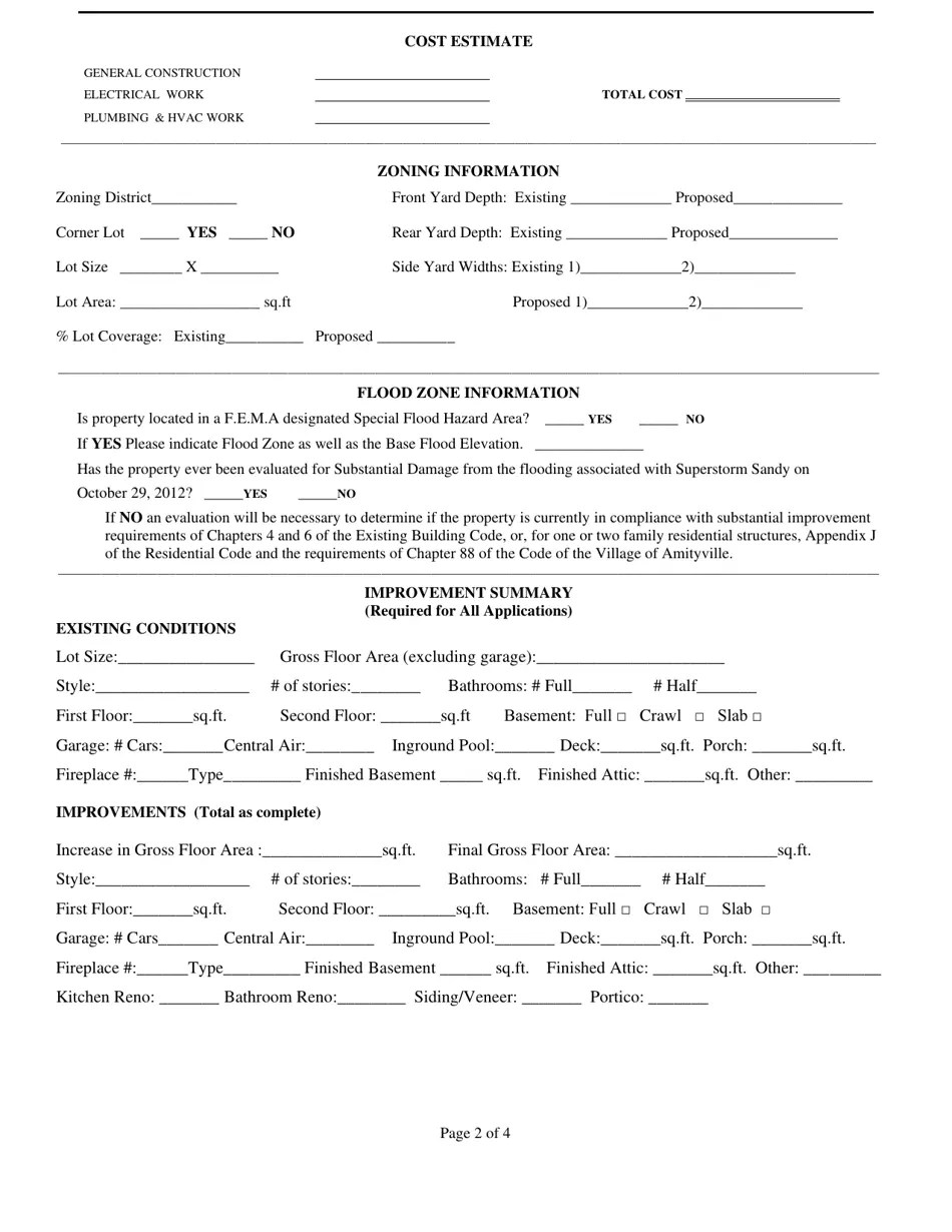 Village of Amityville, New York Building Permit Application Fill Out