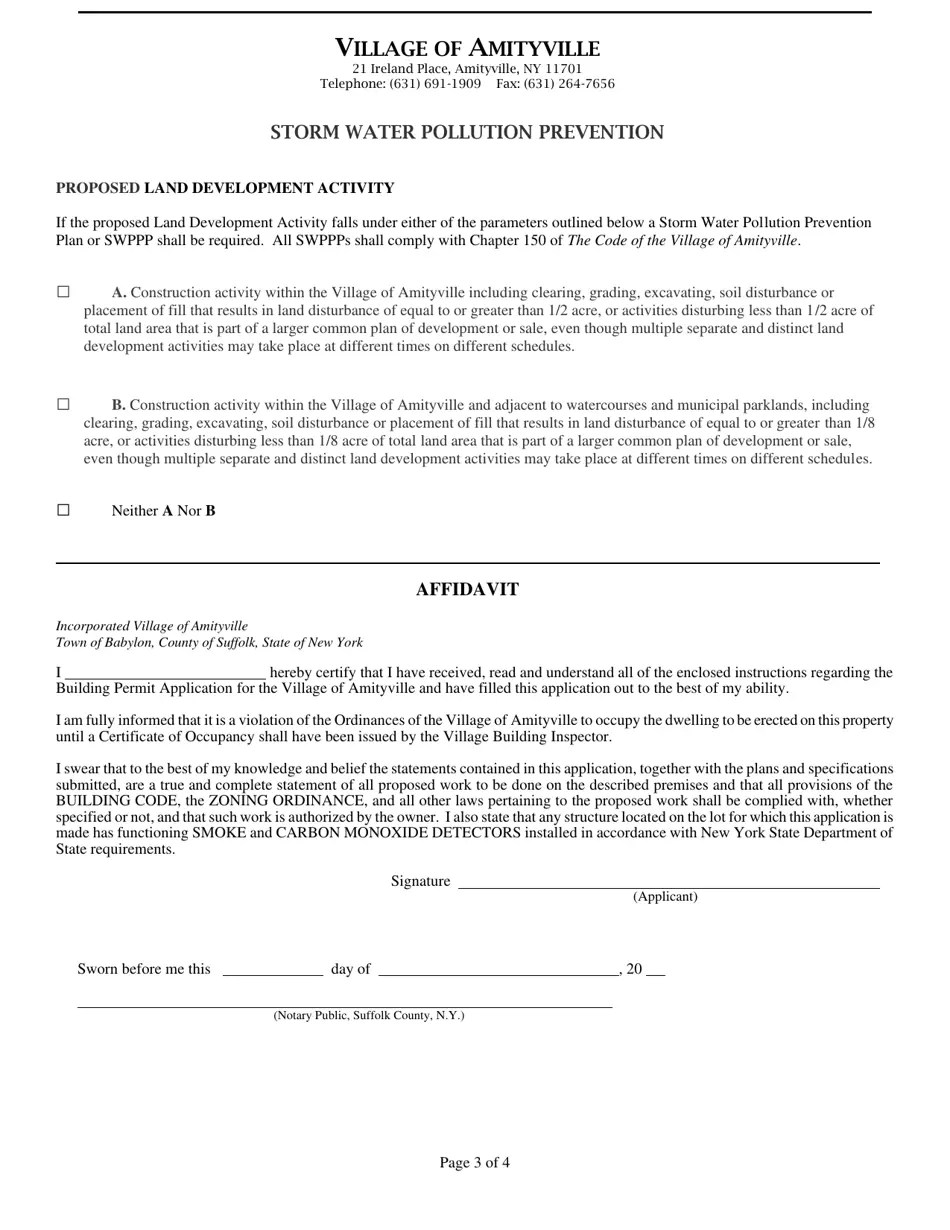 Village of Amityville, New York Building Permit Application Fill Out