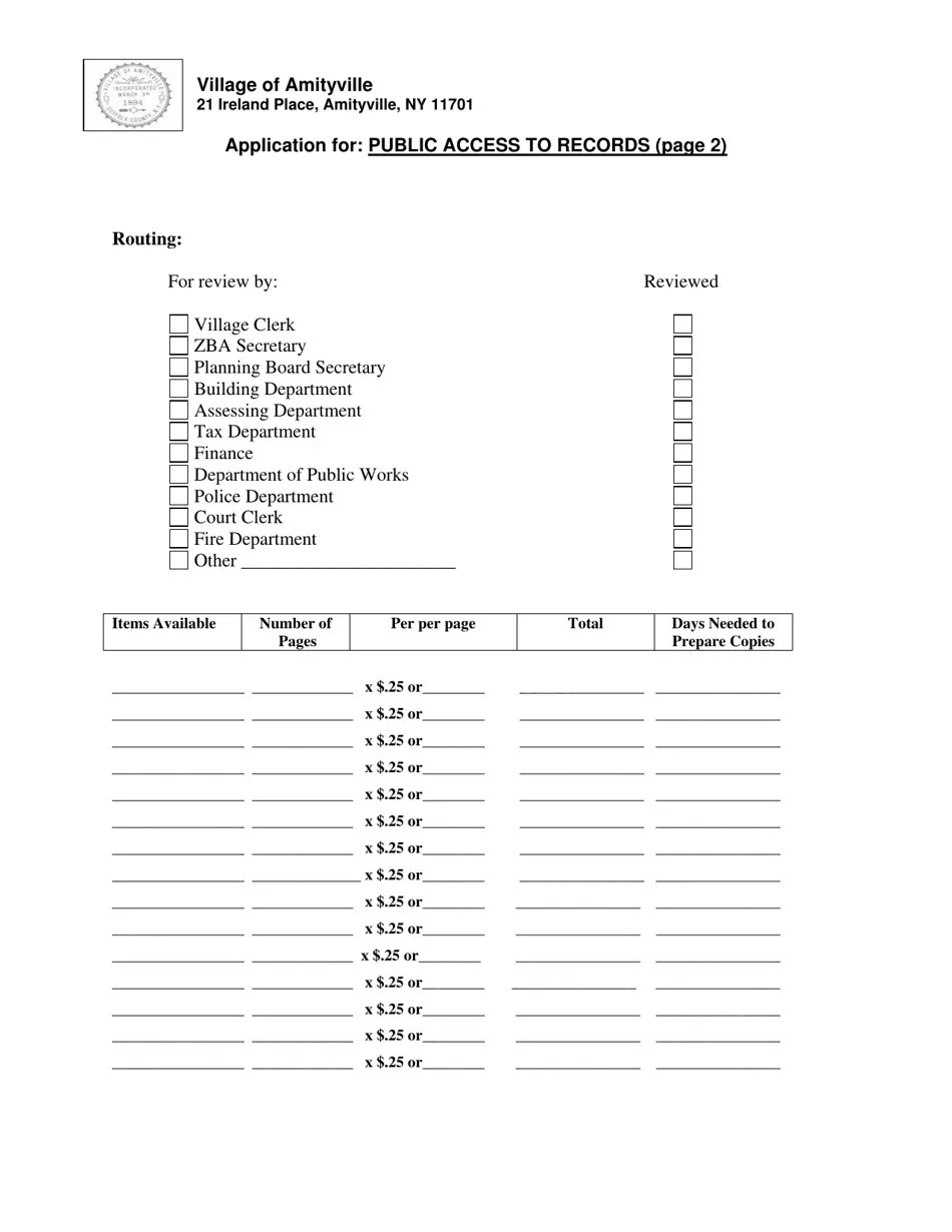 Village of Amityville, New York Application for Public Access to