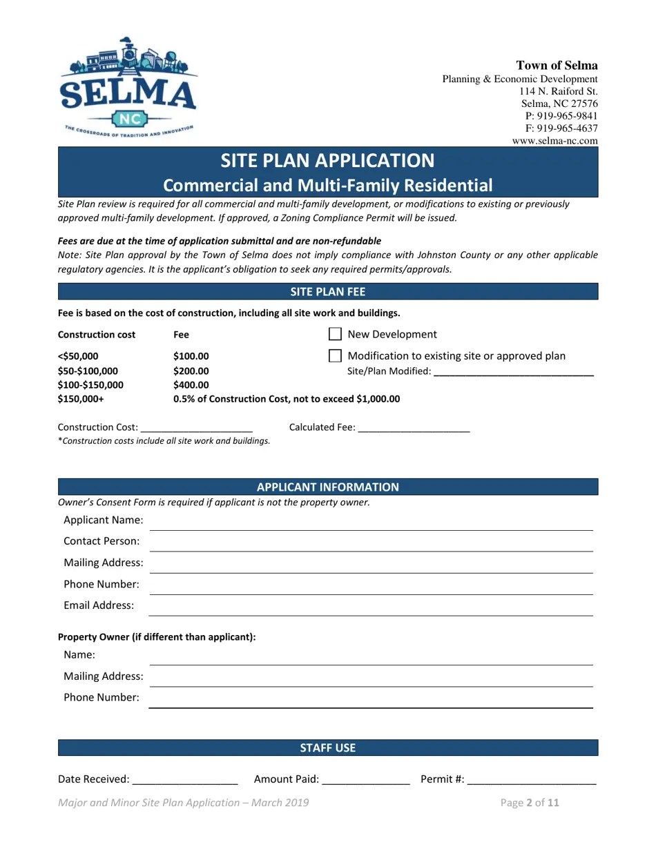 Town of Selma, North Carolina Major/Minor Site Plan Application Fill