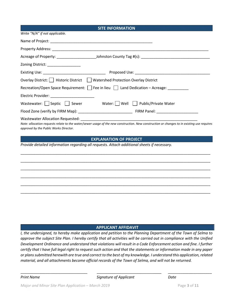 Town of Selma, North Carolina Major/Minor Site Plan Application Fill