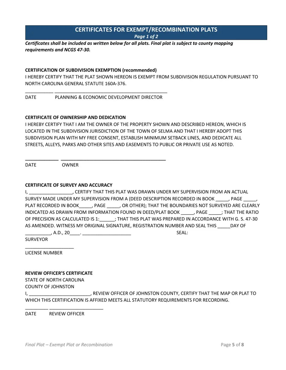 Town of Selma, North Carolina Exempt Form (Final Plat) Fill Out