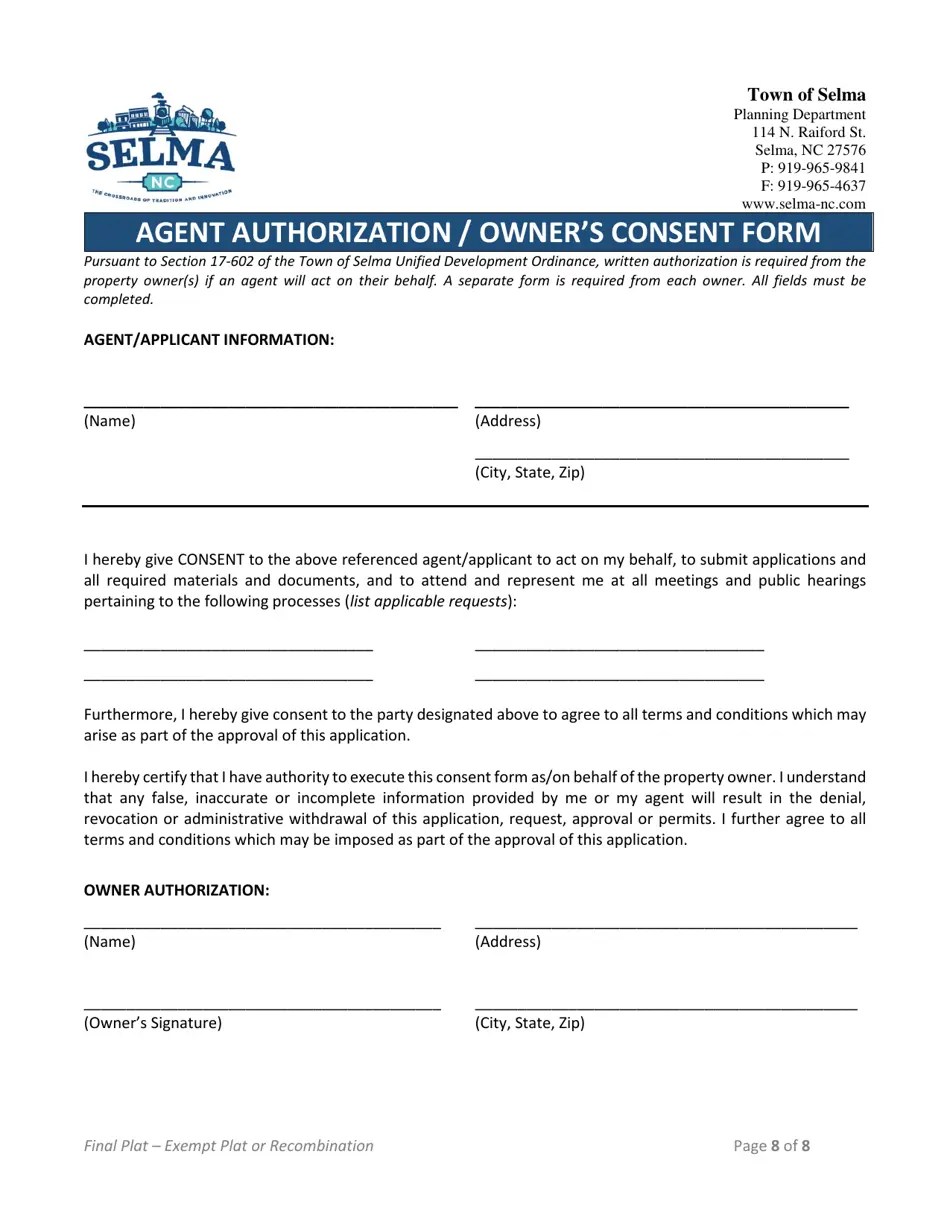 Town of Selma, North Carolina Exempt Form (Final Plat) Fill Out