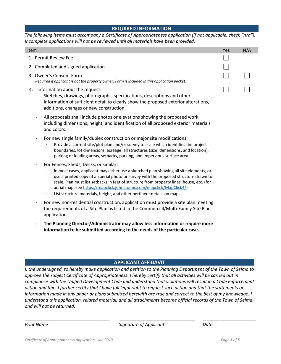 Town of Selma, North Carolina Certificate of Appropriatness Application