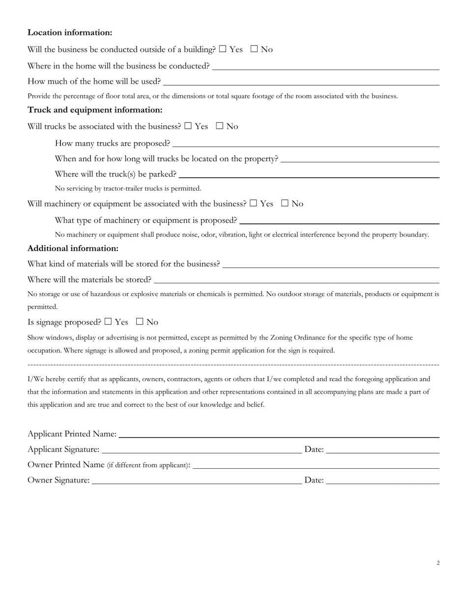 Bethlehem Township, Pennsylvania Application for Zoning Permit Home Occupation Addendum Fill